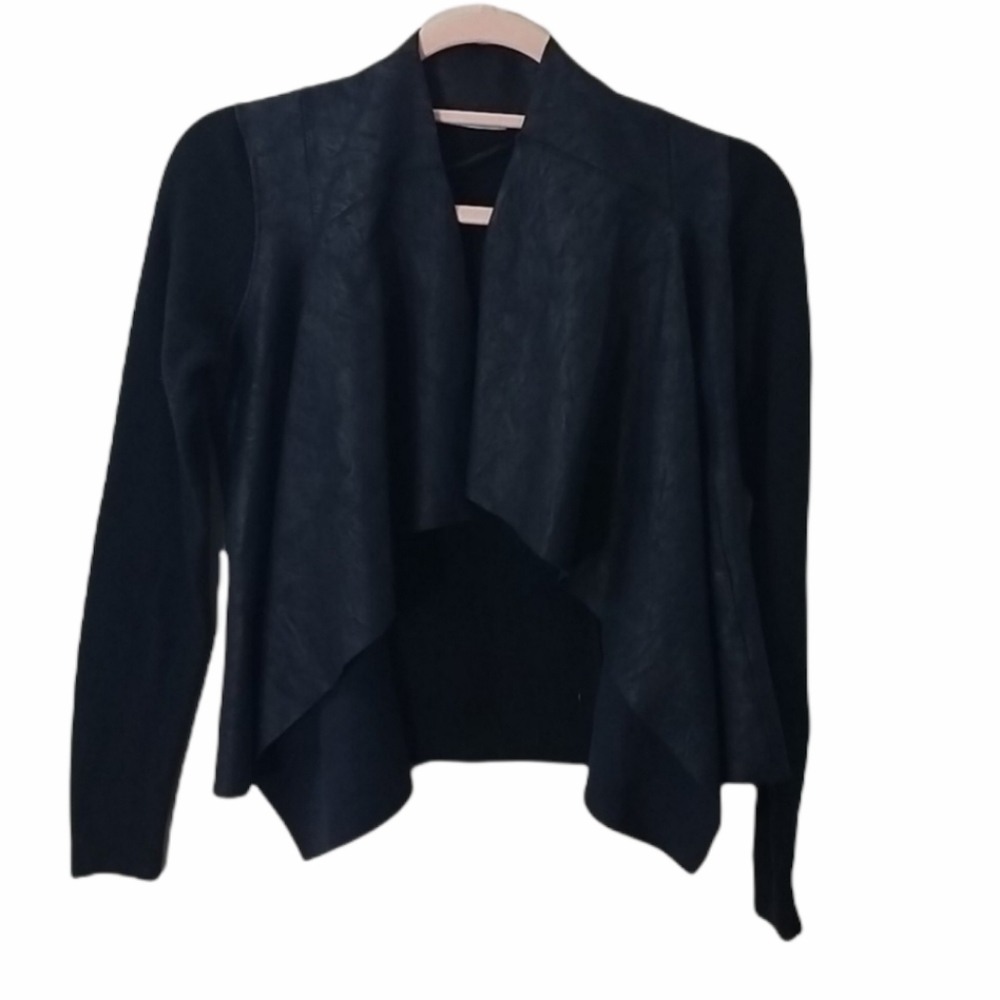 T TAHARI Black Sweater Faux Leather Open Jacket XS